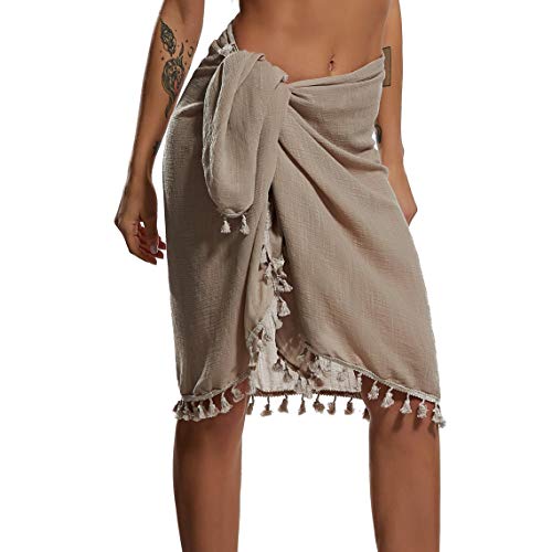 Image of Eicolorte Beach Sarong Pareo Womens Semi-Sheer Swimwear Cover Ups Short Skirt with Tassels