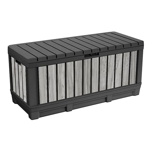 Koll Living Gartenbox Kentwood 350 Liter Stauraum in Holzoptik Stormgrey | Aufbewahrungsbox mit Sitzfunktion für Sitzauflagen Gartengeräte oder Kinderspielzeug | wasserdicht & gut belüftet