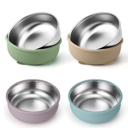 Image of BUSOHA 4 Pack Stainless Steel Baby Bowls with Suction – 2-in-1 Toddler Feeding Plates Heat-Resistant Spill-Proof Suction Bowls for Kids Baby Toddler Food Feeding