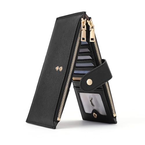 Image of GOIACII Ultra Slim Wallet for Women Bifold Credit Card Holder RFID Blocking | Thin Compact Size, 2 Zipped Pockets, 2 ID Windows, 16 Card Slots, Vegan leather, Black