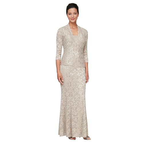 S.L. Fashions Women's Long Sequin Lace Fit and Flare Mother of The Bride Dress with Jacket (Petite & Regular Sizes)