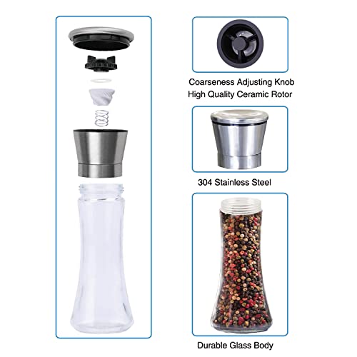 Salt And Pepper Grinder Set Of 3 - Pepper Mill And Salt Mill With Adjustable Coarseness - Stainless Steel Salt Grinder With Stand - Ceramic Pepper Grinder Refillable - Glass Spice & Sea Salt Shaker #TOP5