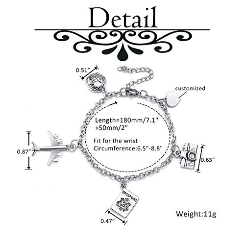 Travel Gifts Bracelet Passport Airplane Earth Heart Camera Charm Bracelets Stainless Steel Link Chain for Men Women Inspiration Jewelry for Travel Graduation Gift4