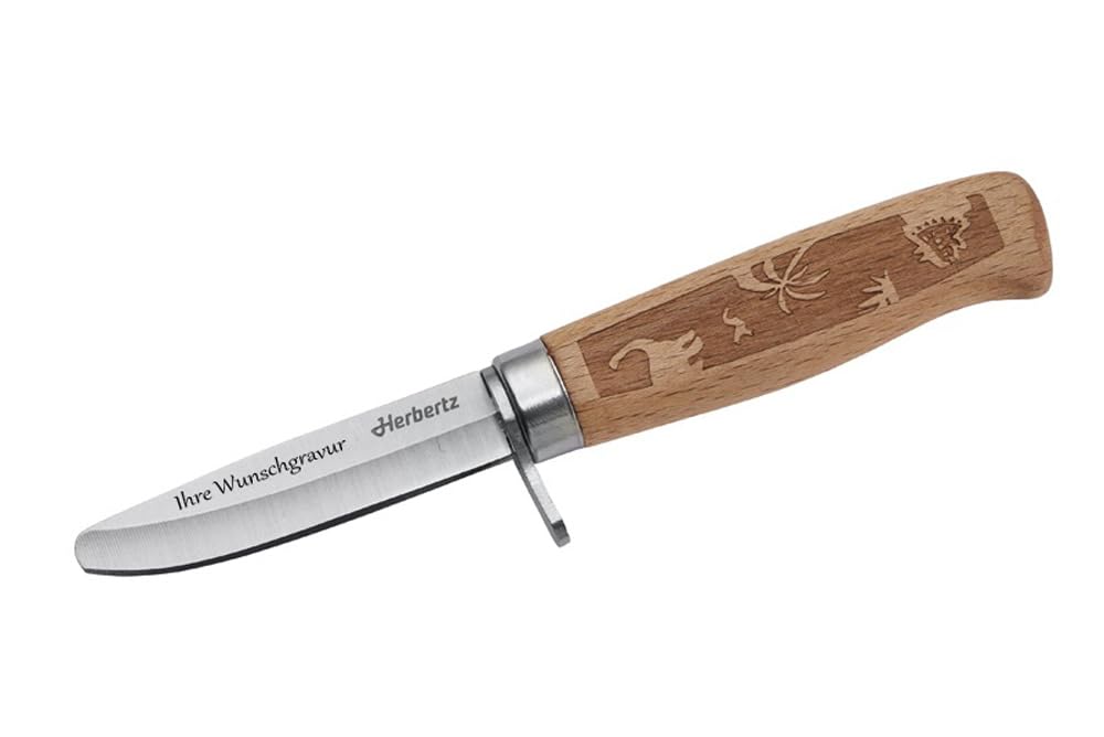 Herbertz Kindermesser mit Holzgriff (verschiedene Motive) - sicheres Kindermesser mit abgerundeter Spitze – inkl. Scheide & Namensgravur – Outdoor & Bushcraft Messer für Kinder