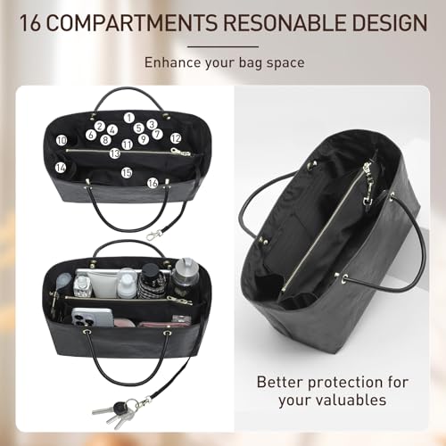 Doxo Purse Organizer Insert Compatiable with Medium Tote Bag, Lightweight YKK Zipper Tote Organizer with Handle/Elastic Cup Holder/Key Leash, 16 Pockets Bags Divider Shaper, Black/M - Thumbnail 4
