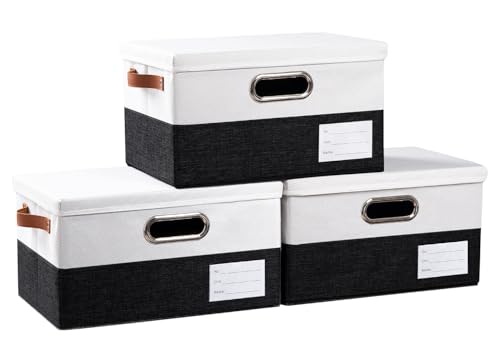 Image of PRANDOM Storage Bins with Lids [3-Pack] Linen Fabric Foldable Storage Boxes Organizer Containers Baskets Cube with Cover for Bedroom Closet Office Black & White（11.4X8.6X6.7