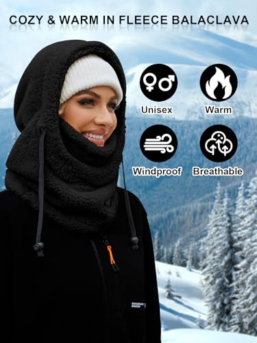 VELAI Balaclava Fleece Ski Mask for Men Women Winter Face Masks Windproof Hooded Scarf Cold Weather Hat Neck Warmer(Black) - Thumbnail 5