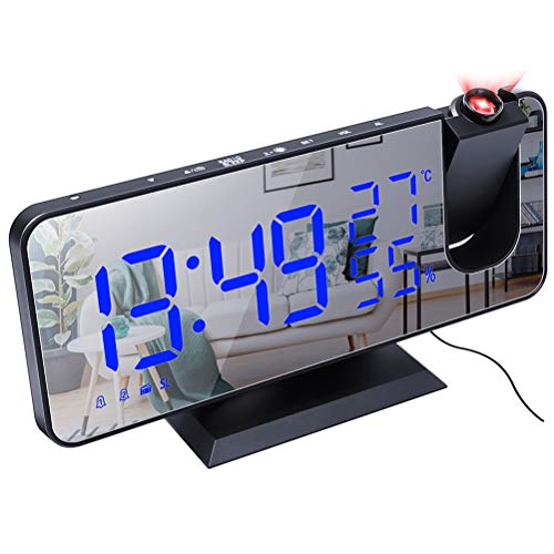 Reloj Despertador Digital, Radio Despertador Proyector, Despertador de Espejo de Moda con Alarma Dual, 4 Brillo de Pantalla Ajustable, 8 Pantalla, Rotación de 180 °, Cable USB de 1.5 m, FM Radio