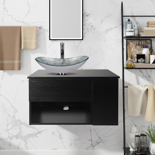 28-Inch Black Floating Bathroom Vanity with 1-Door and 1-Drawer, Modern