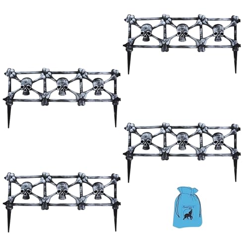 EB (4) Halloween Interlocking Skull Crossbones Fence Decoration, 22.45x11.4 in. Creepy Backyard Display Haunted House Props Graveyard Scenes Skeleton Party Decor Supply