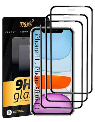 UNO' - 3 Ud De Protector de Pantalla Cristal Templado Para iPhone 11/XR (6.1') Cobertura Completa Con Bordes Negros. Anti-huella ，Antiarañazos, Dureza 9H, Sin Burbujas, Ultra Resistent.