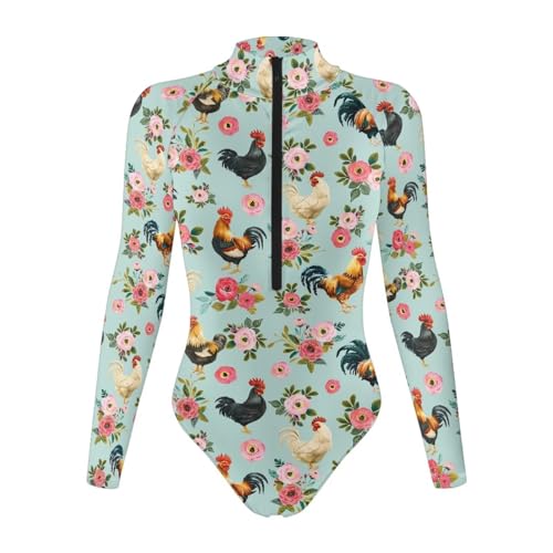 Yewattles Floral Chicken Rooster Women Shapewear Tummy Control Bodysuit Zipper Half Seamless Long Sleeve Sculpting Snatched Waist Body Suit Thong or Brief for Dating Trip Ladies