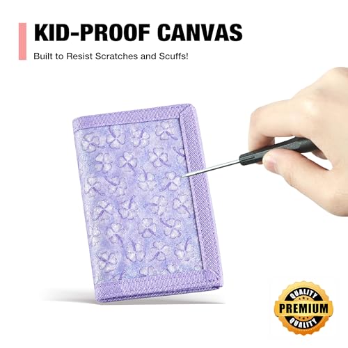 Image of Kids Wallets for Girls, Little Girls Wallet for Kids, Wallet for Teen Girls, Toddler Wallet for Girls with Magic Sticker, RFID Nylon Wallet /Canvas Wallet with Coin Pocket for Gifts, Purple Leaf