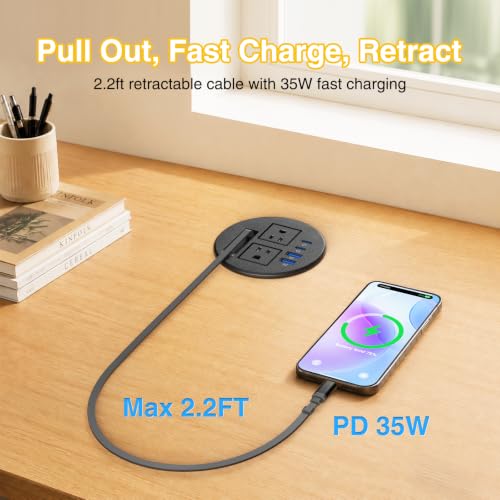 3 1/4" Tomas de Escritorio con Cable Retráctil 35W 2 USB C, 2 Tomas miniatura 2