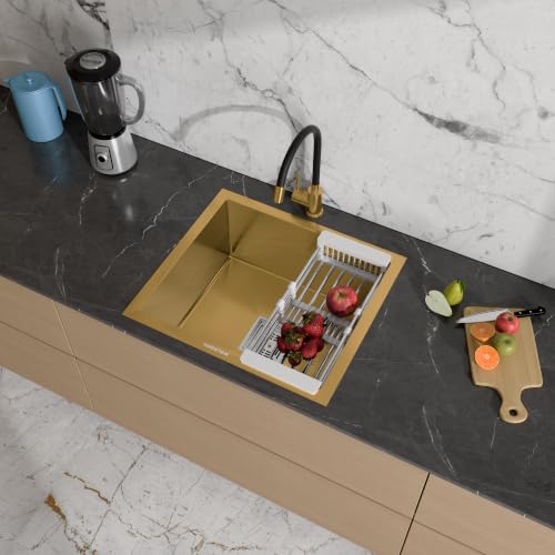 Image of HARDSTONE Premium Kitchen Sink | Single Bowl 16x18x9 Inch | Handmade Heavy Duty Stainless Steel Wash Basin with Matte Gold Finish | Includes Waste Hose Pipe, Coupling & Compact Drying Rack | Gold