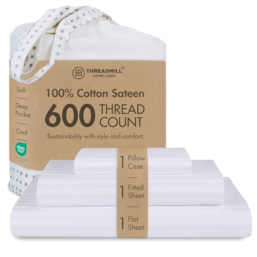 Threadmill 100% Cotton Sheets for Twin Size Bed - 600 Thread Count Twin Bed Sheets Set with 15 Deep Pocket - Damask Stripe Sateen Weave 3-Piece Bedding Set with Cooling Effect, White