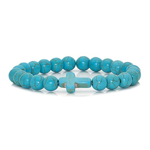 Image of Xusamss Fashion Religious Cross Bracelet 8mm Tiger Eye Turquoise Beads Elastic Bracelet,7 1 /2 wrist
