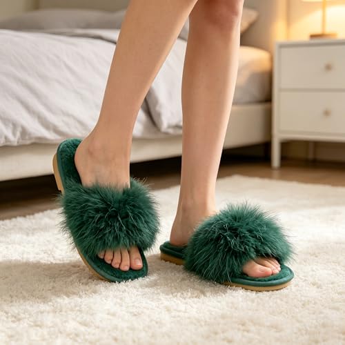 Image of Fur Story Women's Furry Slippers Open Toe Fuzzy Slippers Memory Foam Fluffy House Sandal