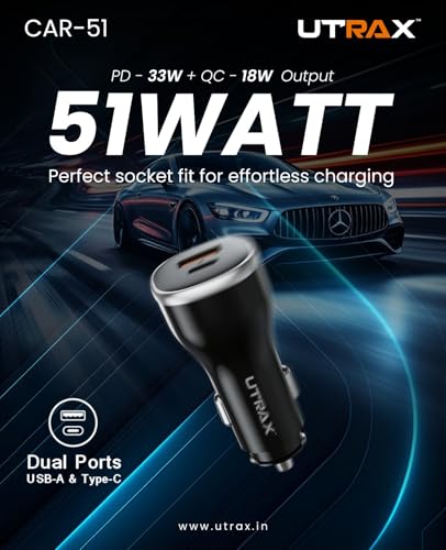 Image of UTRAX 51W Fast Car Charger with 33W PD & 18W QC | Dual Port All Protocol Charger for Car | Type-C Power Delivery & USB Quick Charge | Black | 1 Year Warranty (51W (with USB to Type C Cable))
