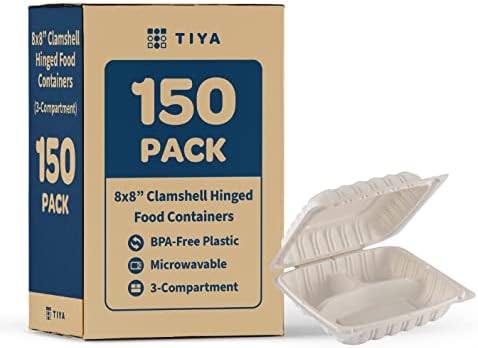 TIYA Clamshell Food Containers - White Bulk 150 Pack, 8x8in. - To-Go 3 Compartment Storage Containers - Microwavable Plastic Hinged Lid Restaurant Takeout Clamshells - Great for Meal Prep