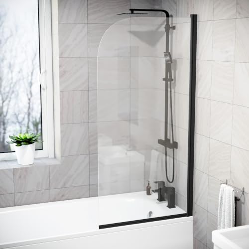 Image of Nes Home Hinged 700 x 1400mm Bathtub Screen, 5mm Tempered Glass - Matte Black