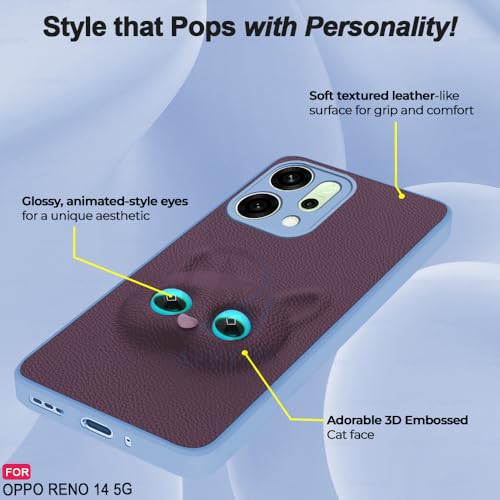 Image of AESTMO Back Case Cover for Oppo Reno 14 5G Back Cover | 3D Cat Cover | Leather Finish | Full Body Protection | Camera Protection Back Cover for Oppo Reno 14 5G (Purple)