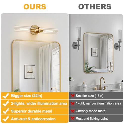 Image of Indoi Brushed Gold Wall Sconces, Hardwired Bathroom Sconces Wall Lighting with Clear Glass, Modern Sconces Wall Light fixtures for Bathroom Mirror Living Room Hallway Bedroom