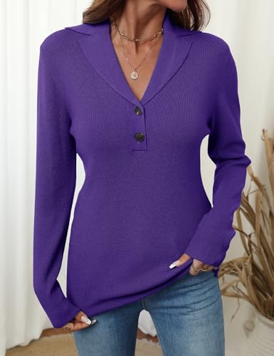 Image of LOMON Sweaters for Women 2025 Fall Knitted V-Neck Collared Button Pullover Dressy Casual Long Sleeve Polo Shirts Business