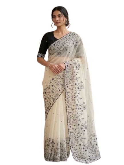 Women’s Cream Embroidered Saree with Black Floral Vine Border | Elegant Traditional Ethnic Saree for Festival, Wedding, Party, Puja, Office & Special Occasions-picture-17