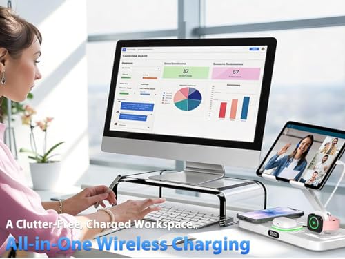 Image of 30W Charging Station for Apple Products, Foldable Wireless Charger with Clock Display&7 Color Light, Wired Charging for iPad /Tablet Charging Station for iPhone16, for Apple Watch10 for AirPods4(Cream