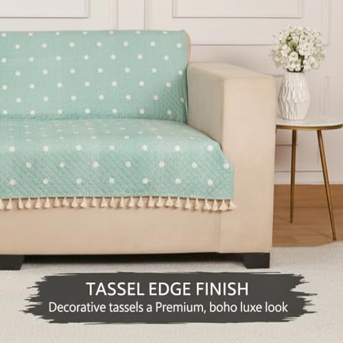 Image of STITCHNEST Quilted Velvet Sofa Cover with Tassels - 70x60 Inch, Pastel Green with White Polka Dots, Soft & Playful, Washable Sofa Protector for 3-Seater