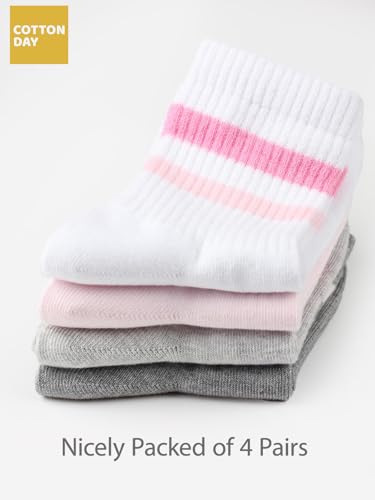 COTTON DAY Kids Girls Pink White Crew Athletic Socks with Retro Stripes Hearts3