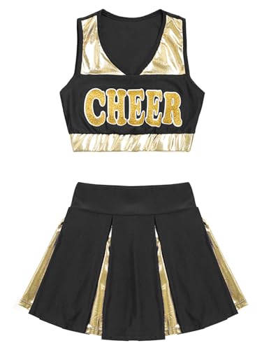 Moily Kids Girls Shiny Cheerleading Outfit Crop Top with Pleated Skirts Rooter Team Uniform3