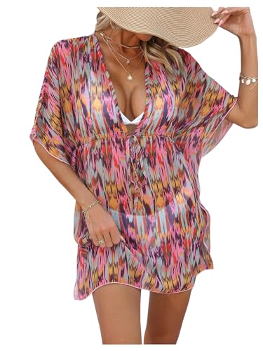 WDIRARA Women's Tie Dye Sheer Boho Chiffon Cover Up Tie Waist Beach Dress Deep V Neck Dolman Sleeve Coverups