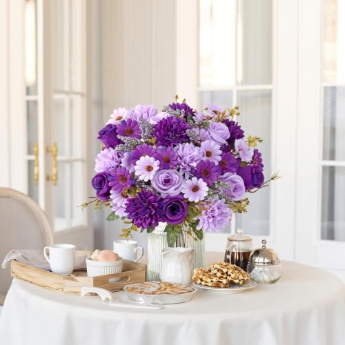 Image of Artificial Flower Bouquet for Home Decoration - 2 Pcs Faux Rose & Daisy Bouquet (Without Pot) Artificial Flowers for Living Room, Bedroom, Office, Vase Decoration (Purple)