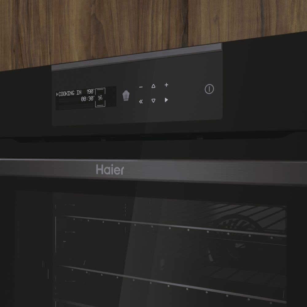 Haier I-Message Serie 4 HWO60SM5B9BH Four pyrolyse - Multi-niveaux, 70L, 9 fonctions, Wi-Fi + BLE, Sonde thermique, Climatech, Double éclairage latéral, Noir, Classe A+