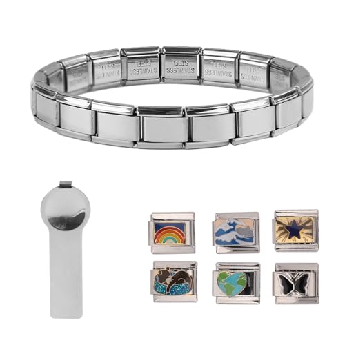Mikovivi Pulsera de Dijes Italiana, Acero Inoxidable Plateado Pulsera Italiana con Herramienta de Apertura y 6 Dijes Desmontables Eslabones de Pulsera de Dijes Italianos para Mujeres