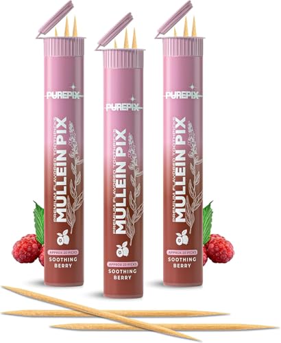 Image of PurePix Mullein Pix Flavored Toothpicks, Soothing Berry Infused with Mullein Leaf, Extra Thick Natural Alternative to Hand-to-Mouth Habit, 3 Pack, Plant-Based Sticks, Nicotine Free, Kosher Vegan