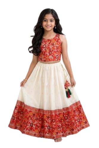 Image of Girls Ethnic Lehenga Choli Set for Kids | Printed Sleeveless Crop Top with Flared Lehenga Skirt | Traditional Festive Choli Outfit for Girls | Party, Wedding & Festival Dress