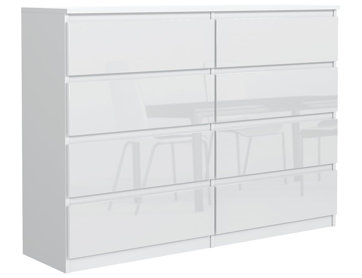 Commode 140 cm, 8 tiroirs, Blanc avec des Façades Brillantes | Commode Moderne, Meuble de rangement, Buffet Salon, Commode Chambre, Armoire à tiroirs 138,5x101,5x39 cm
