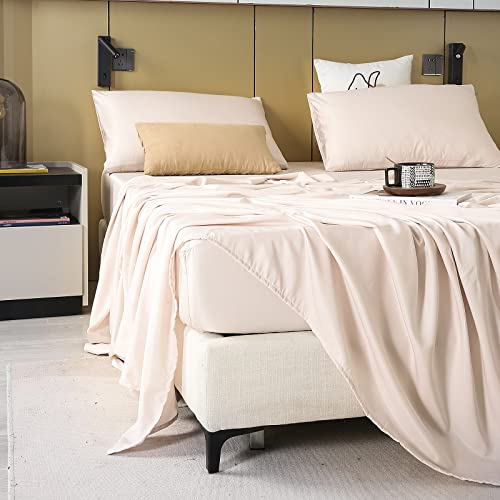 Merryword Luxury Beige Sheet Set King Size Modal Sateen Bed Sheet Set 4 Pieces Super Soft Cooling Sheet & Pillowcases Sets (King, Beige) #TOP4