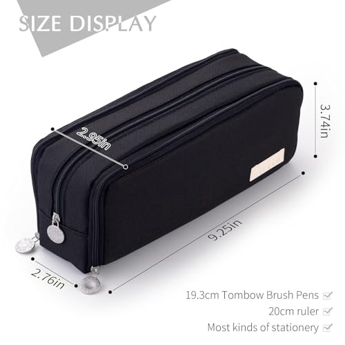 Image of Polyester Pencil Case Large Pencil Cases for Girls Boys Big Capacity Pencil Pouch with 3 Compartments School Stationary Kids College Students Office Aesthetic Pencil Pouch (Black)