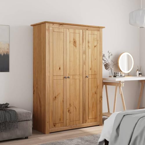 Gecheer Armario 3 puertas, organizador de ropa con estantes y barra colgar, modelo 118 x 50 x 171,5 cm, madera maciza pino, ideal dormitorio pequeño for almacenamiento zapatos, jerséis, vaqueros, bols