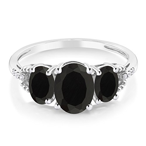 Gem Stone King 2.08 Cttw 10K White Gold Black Onyx and Diamond Accent 3-Stone Engagement Ring | Oval 8X6MM and 6X4MM | 3 Stone Wedding Anniversary Promise Ring For Women2