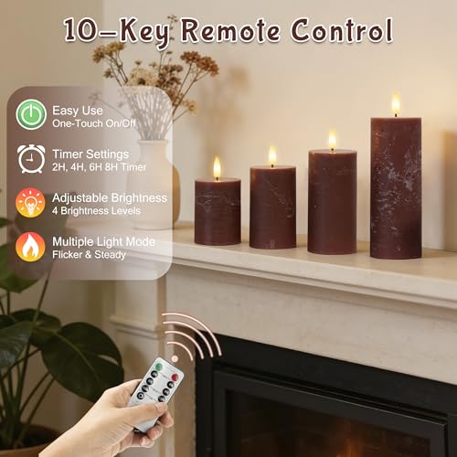 Image of Flameless Pillar Candles with Remote, Real Wax Battery Operated Decorative Candles, Brown Home Decor for Table, Fireplace Mantle, Entryway, Set of 4