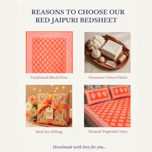 Image of JAIPUR PRINTS 100% Cotton Bedsheet for Double Size Bed bedsheets Rajasthani Jaipuri Printed Double Size Bedsheet with 2 Pillow Cover / 90x100 inch / 235x215 cm / (Orange)