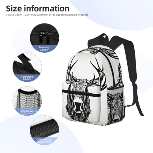Sac à dos de voyage classique noir imprimé cerf avec compartiment ordinateur - 5