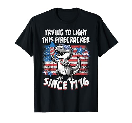 Funny Dino American Flag Firework T Rex Dinosaur 4th of July T-Shirt