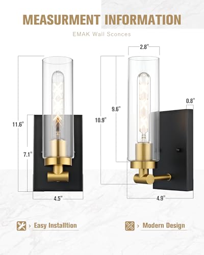 Image of Emak Black and Gold Wall Sconces Set of Two, Modern Wall Sconce with Clear Glass Shade, Farmhouse 2 Light Bathroom Vanity Light for Living Room, Bedroom, Gallery, WS086-BKBGD-CG-2PK