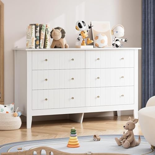 FOTOSOK White Dresser, Chest of Drawers, Modern 6 Drawer Double Dressers with Deep Drawers, Nursery...